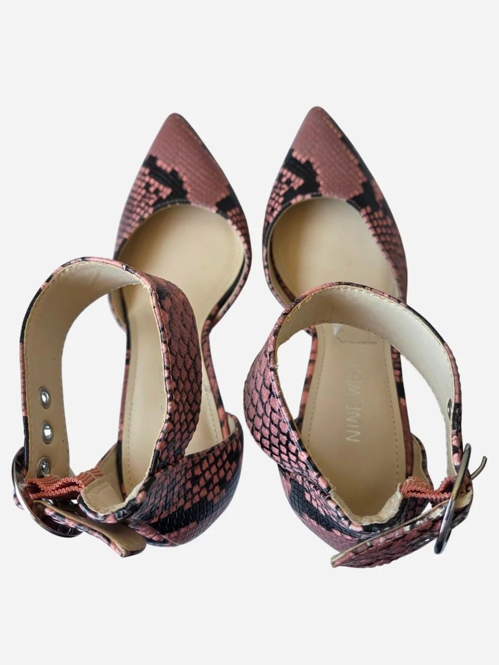 Nine West snakeskin pointed toe party heels with ankle strap pink black 6.5